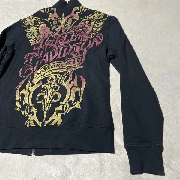 Y2K Harley Davidson Women's SZ L Sweatshirt Black Collar Applique Zip AOP - Image 12