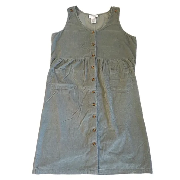 Vintage Style Sage Green Corduroy Button-Front Midi Pinafore Dress Pockets Fall - Image 3