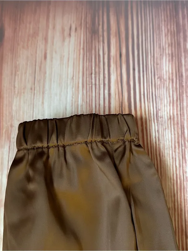 Allegra K Coffee Brown Drawstring Elastic Waist Tassel Satin Jogger Pants Sz XS - Image 8