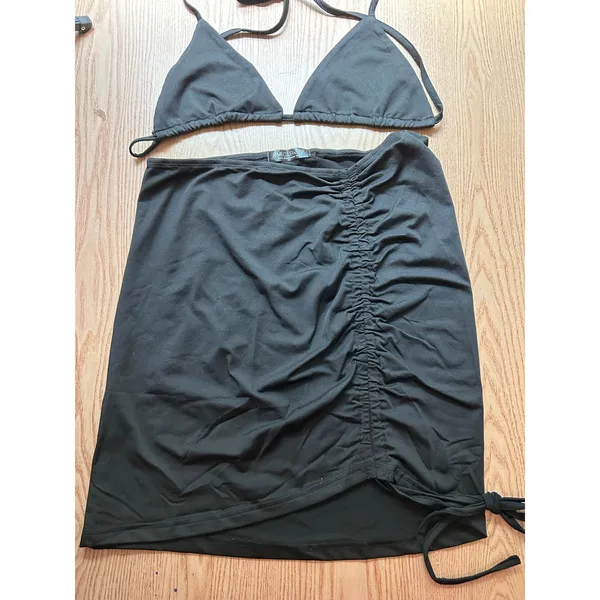 New AMI 2Pc String Bikini👙Top & Skirt Cover up Sarong Black fit Medium Large XL - Image 2