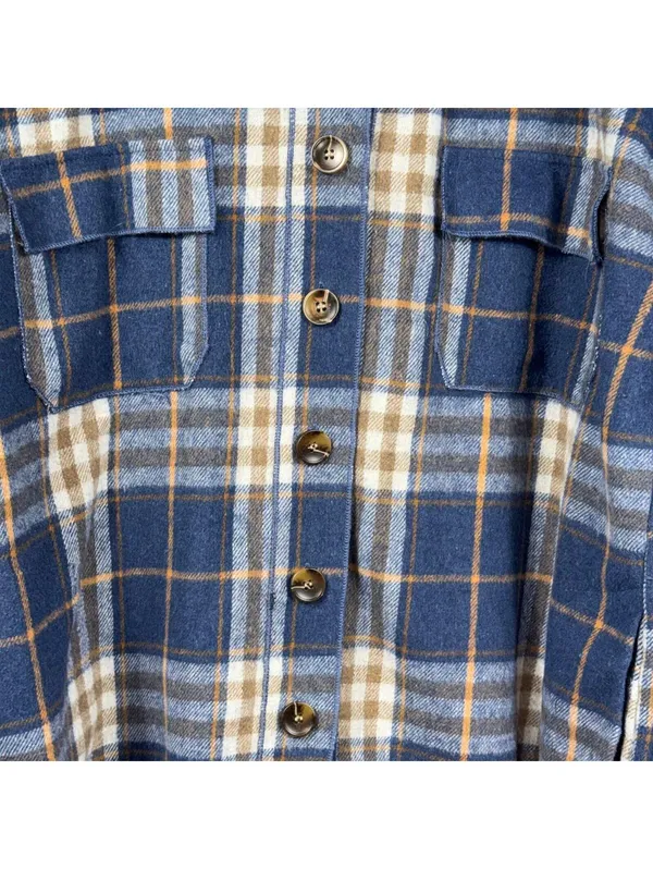 J.NNA Women’s Plaid Shacket Jacket Size Large Blue Brown Button Front - Image 3
