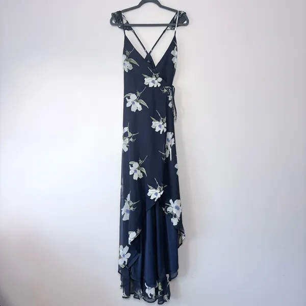 Lulus All Mine Navy Blue Floral Print High-Low Wrap Maxi Dress Large - Image 6