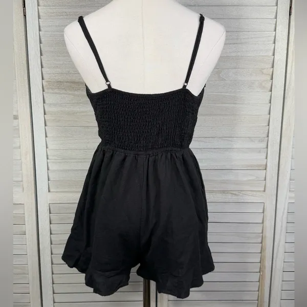 PRINCESS POLLY Colleen Black Boho Sleeveless Linen/Cotton Shortie Romper-2 - Image 3