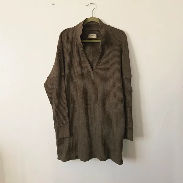 We The Free Free People Travis Tunic Polo Top Waffle Knit Thermal Green Oversized Lounge M - Image 4