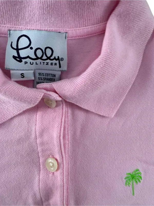 Lilly Pulitzer Light Pink Short-Sleeve Polo with Green Palm Logo - Image 4