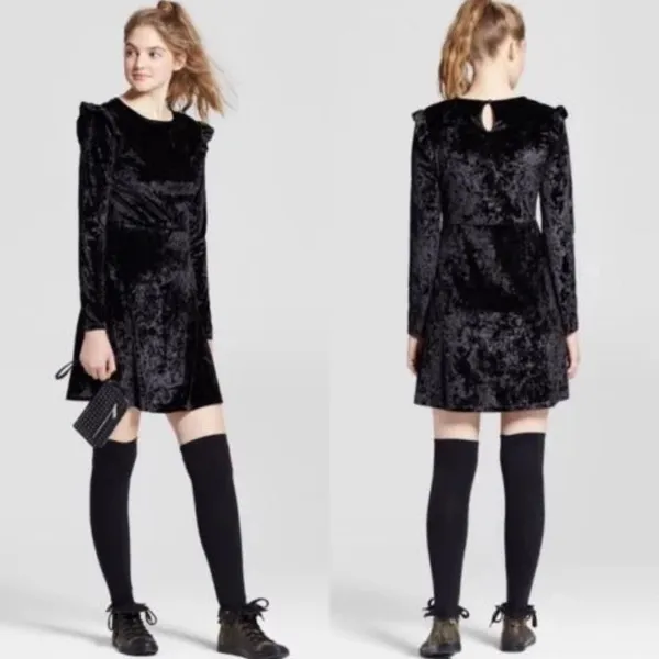 Mossimo Supply Black Velvet Crushed Long Sleeve Ruffle Trim Whimsigoth Dress L‎ - Image 2