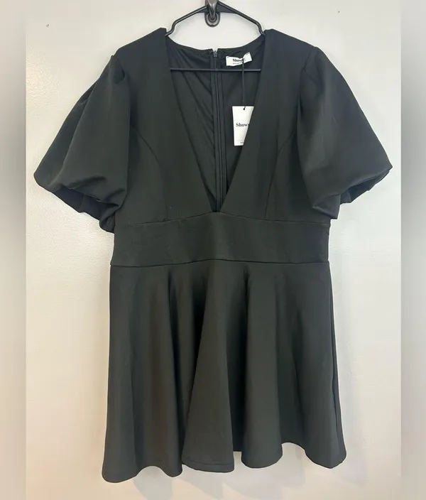 NWT Showpo. Margerie Plunge Puff Sleeve Fit & Flare Black Mini Dress Size 16 - Image 3