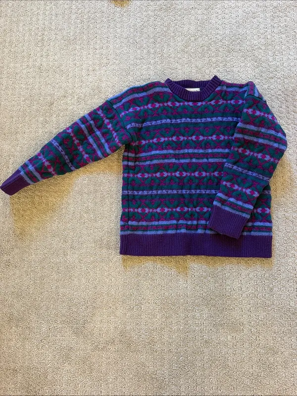 Vintage Top Notch Knits 100% Wool Handcrafted Fair Isle Sweater Purple Teal - Image 6