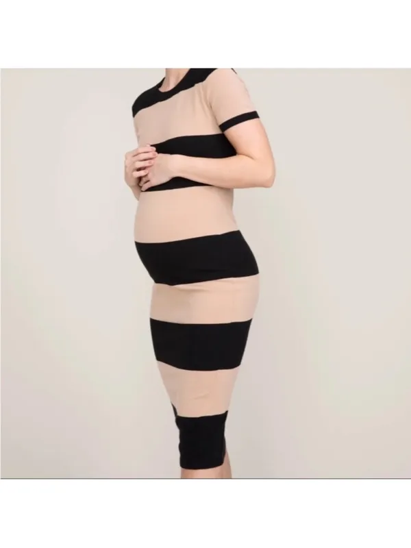 Hatch The Eliza Short Sleeve Maternity Midi Dress Striped Pink Size 2/M - Image 10