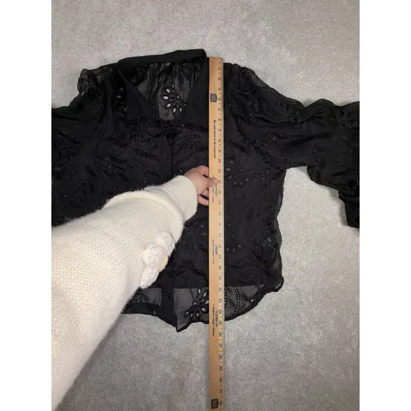 adrianna papell black sheer blouse button up black floral eyelet detail xl‎ - Image 6
