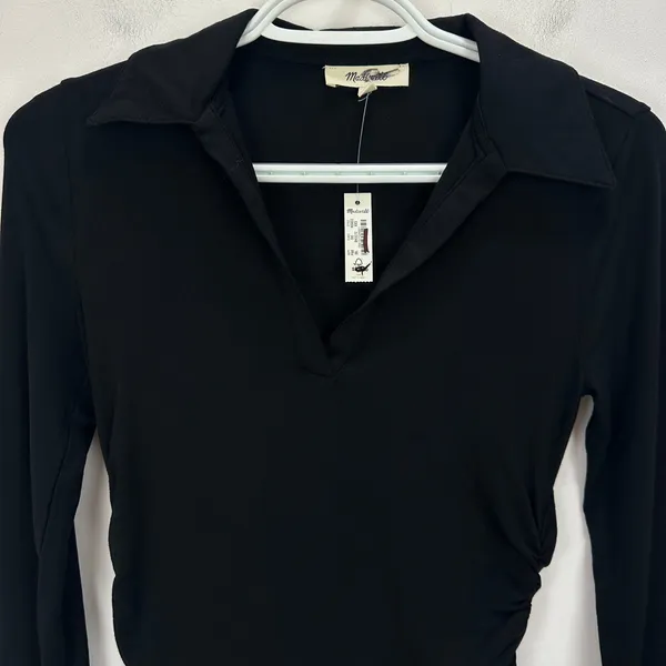 Madewell Side Cinch Long Sleeve Polo Top Stretch Jersey Knit Black XXS NWT - Image 4