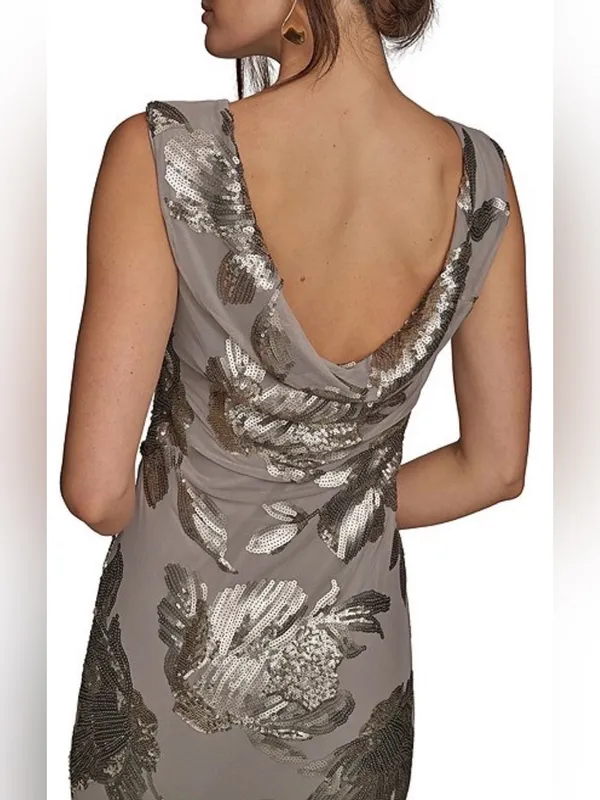 NEW Donna Karan Sequin Floral Sleeveless Dark Clay Gown Sz 10 - Image 3