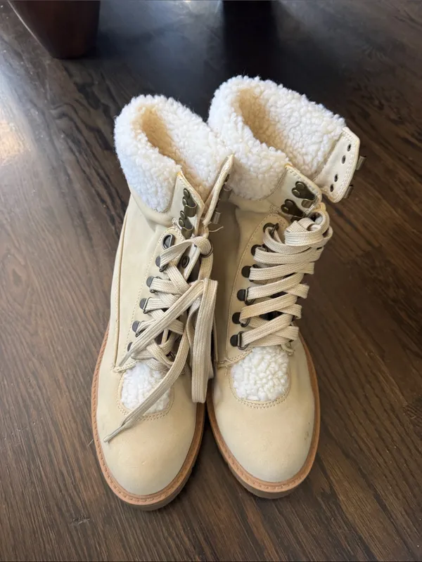 JustFab Cream Sherpa-Lined Lace-Up Ankle Boots - Image 2