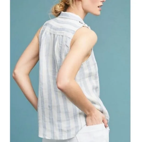 Anthropologie Maeve Edinboro Linen Top blue white‎ sz M - Image 4
