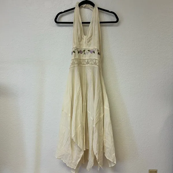 Vintage 1960s Handmade Embroidered Gauze Halter Maxi Dress Hippie Folk - Image 3