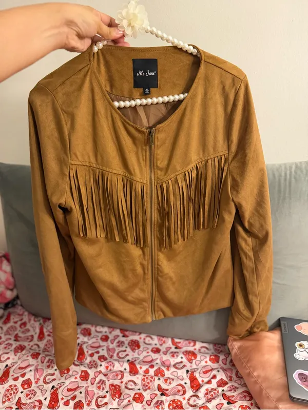 Me Jane Size Medium Women’s Faux Suede Fringe Jacket Brown Western Boho Zip - Image 4