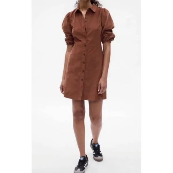 GAP Puff Sleeve Corduroy‎ Mini Dress Size Large Saddle Brown Western Cowgirl - Image 2