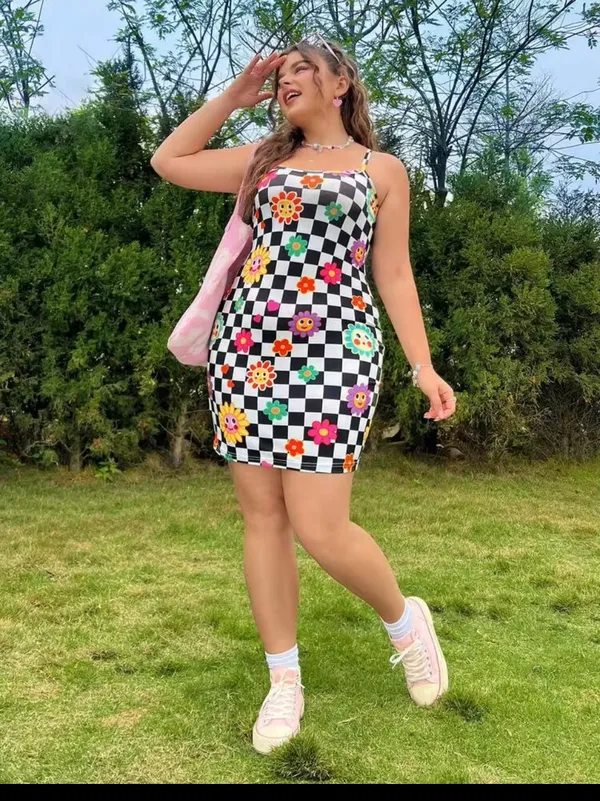 SHEIN Qutie Plus Size Black & White Gingham Dress With Flower Print XL - Image 3