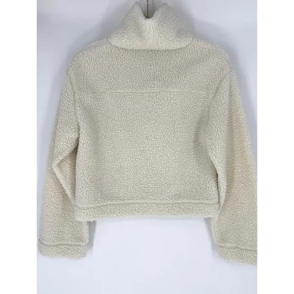 H&M Cream Teddy Fleece Zip Up Jacket Faux Fur Cropped Pockets S‎ - Image 3