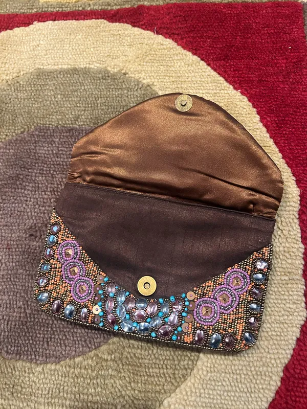 Brown Beaded Sequin Satin Envelope Clutch Evening Purse Formal Bag No Straps - Image 4