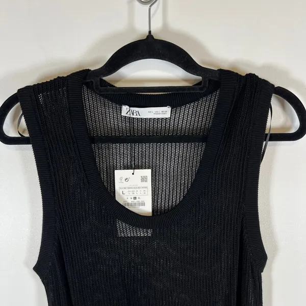 Zara Women Black Open Knit Tank Top‎ Scoop Neck Mesh Sleeveless Womens Large NWT - Image 2