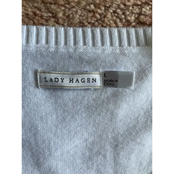Lady Hagen White Sweater Vest L Argyle Diamond Knit Sleeveless Pullover Cotton - Image 2