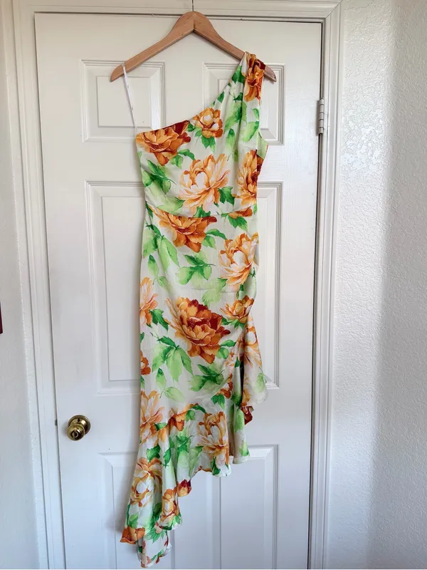 Lulus Divinely Blooming White Multi Floral One‎ Shoulder Midi Dress Small - Image 4