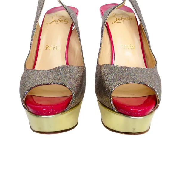 Christian Louboutin Lady Peep Slingback Glitter Pumps Platine Gold Pink Red 36.5 - Image 6