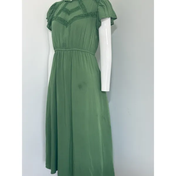 Polagram Green Midi Dress Size S Boho Cottagecore Prairie Crochet Flutter Sleeve - Image 3