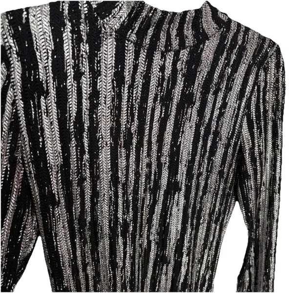 Luxxel Black Silver Metallic Knit Mock Neck Bell Sleeve Bodysuit Size Medium - Image 3