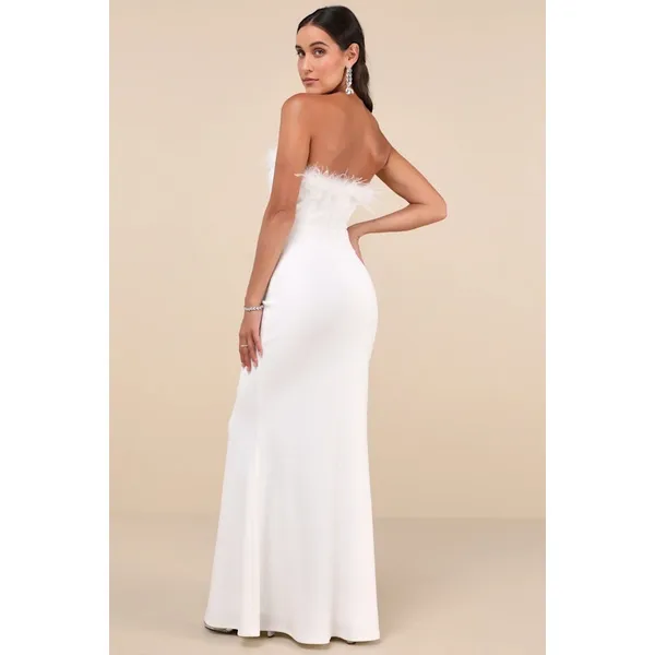 NWT Lulus Extraordinary Glam White Feather Strapless Mermaid Maxi Dress Medium - Image 2