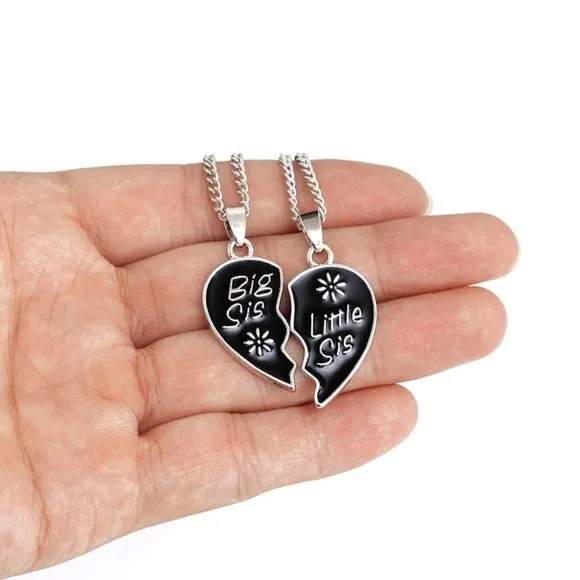 Pendant Gift Black Silver Big/Little Sis Charm Chain Necklace 10"in. - Image 2