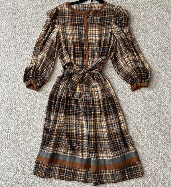 Vintage Silk Brown Checkered Dress Size 6 - Image 2