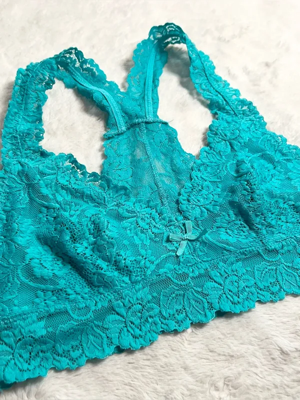 Teal Blue Lace Racerback Bralette Size Medium Aqua Wireless Comfort Lacy Stretch - Image 3