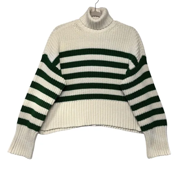 Madewell Womens Wide Ribbed Striped Turtleneck Sweater Small Ivory Green - Image 2