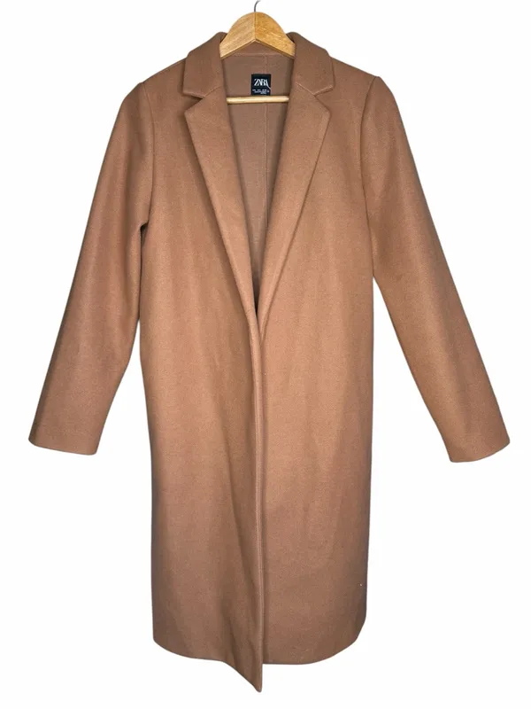 Zara Women L Camel Brown Open Lapel Long Coat Minimalist Quiet Luxury Overcoat - Image 2