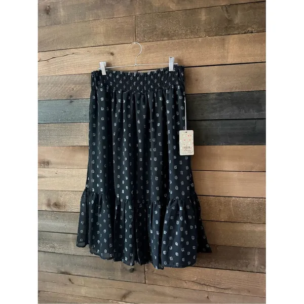 Black Metallic Dot Tiered Midi Skirt Boho Romantic Flowy Skirt - Image 3