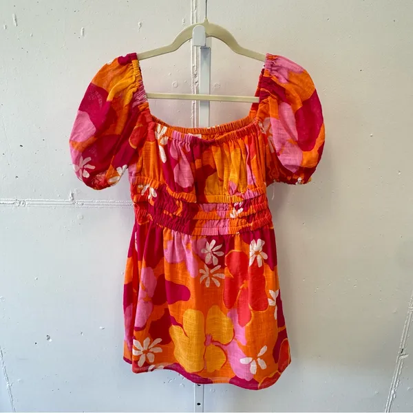 SABO Australia Floral Puff‎ Sleeve Summer Mini Dress Sz 4 Pink Orange - Image 2