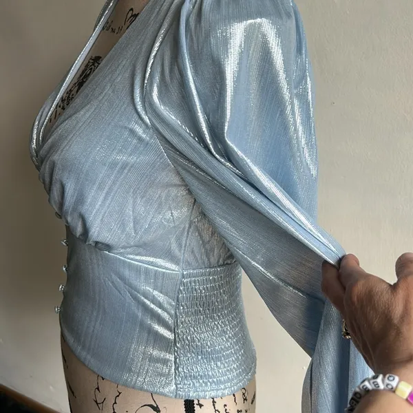 Anthropologie Flat White Shine Blue Iridescent Blouse Size XS NWT - Image 9