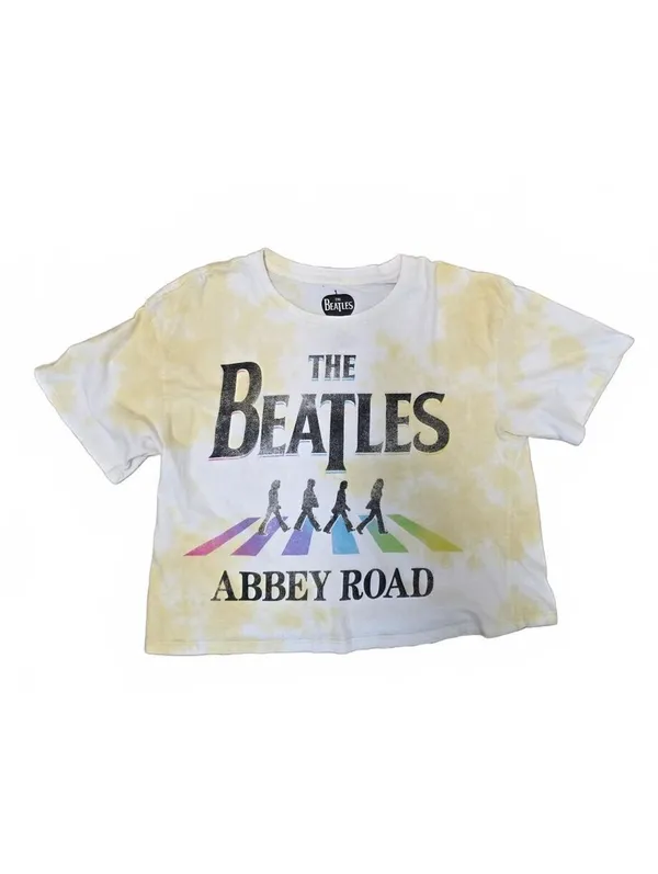 The Beatles Abbey Road Women’s Yellow Tie Dye Rainbow Crop T-Shirt Size Large - Image 4