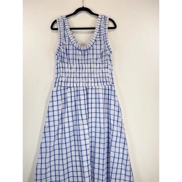 Taelynn Midi Dress Blue Plaid Sleeveless Smocked A Line Flowy Cottagecore Large - Image 8