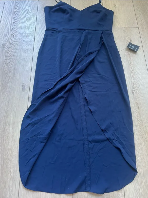 Lulus NWT Reinette Navy Blue Midi Dress Spaghetti Strap Wrap Front Slit Size XL - Image 15