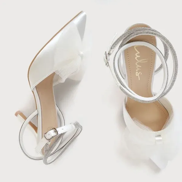 Lulus Lelanee White Satin Rhinestone Bow Ankle Strap Pumps - Image 5