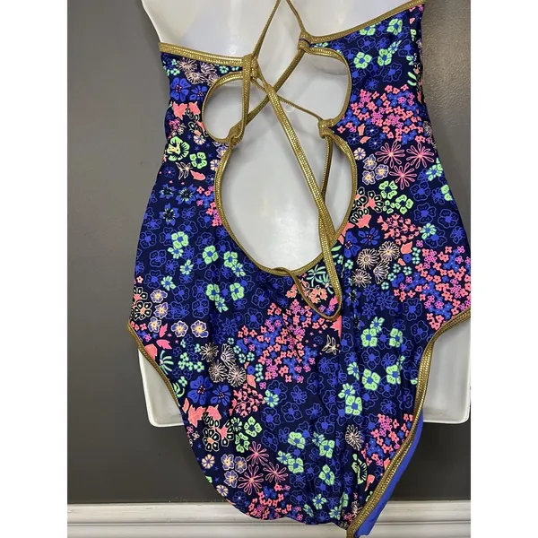Aerie Swimsuit Womens XL Blue Floral One Piece Triangle Crisscross Back Strappy - Image 7