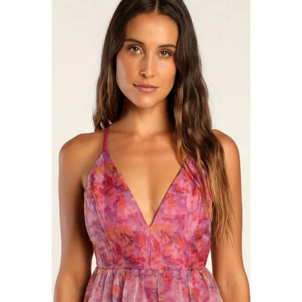 💕LULUS💕 Bloom Wildly Magenta Floral Organza Maxi Dress ~ Floral Print M NWT - Image 3