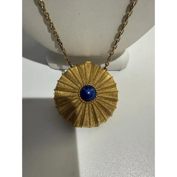 Estée Lauder 1973 Empty Perfume Dew Lapis Lazuli‎ Pendant Gold Tone Necklace - Image 3