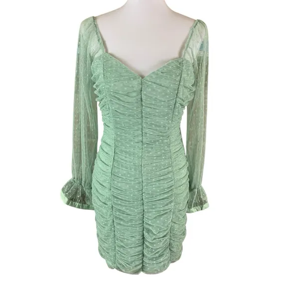 Haute Monde Mint Green Ruched Mesh Sleeve Mini Dress L Y2K Romantic - Image 2