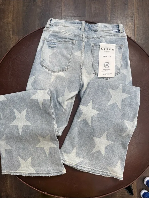 Risen Star Print Light Blue Wide Leg Jeans - Women - Image 4
