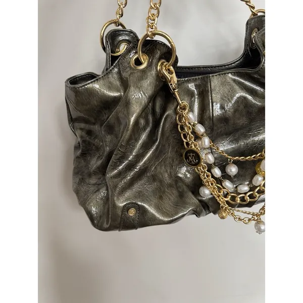 Women's Y2K Slouchy Hobo Patent Leather & Gold Chunky‎ Charm Green Purse Handbag - Image 3