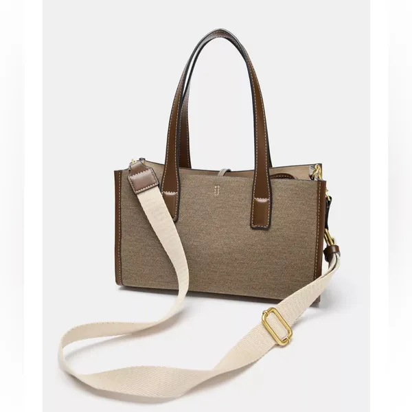 Zara NWT tan brown and taupe woven fabric shopper handbag top handle purse - Image 3